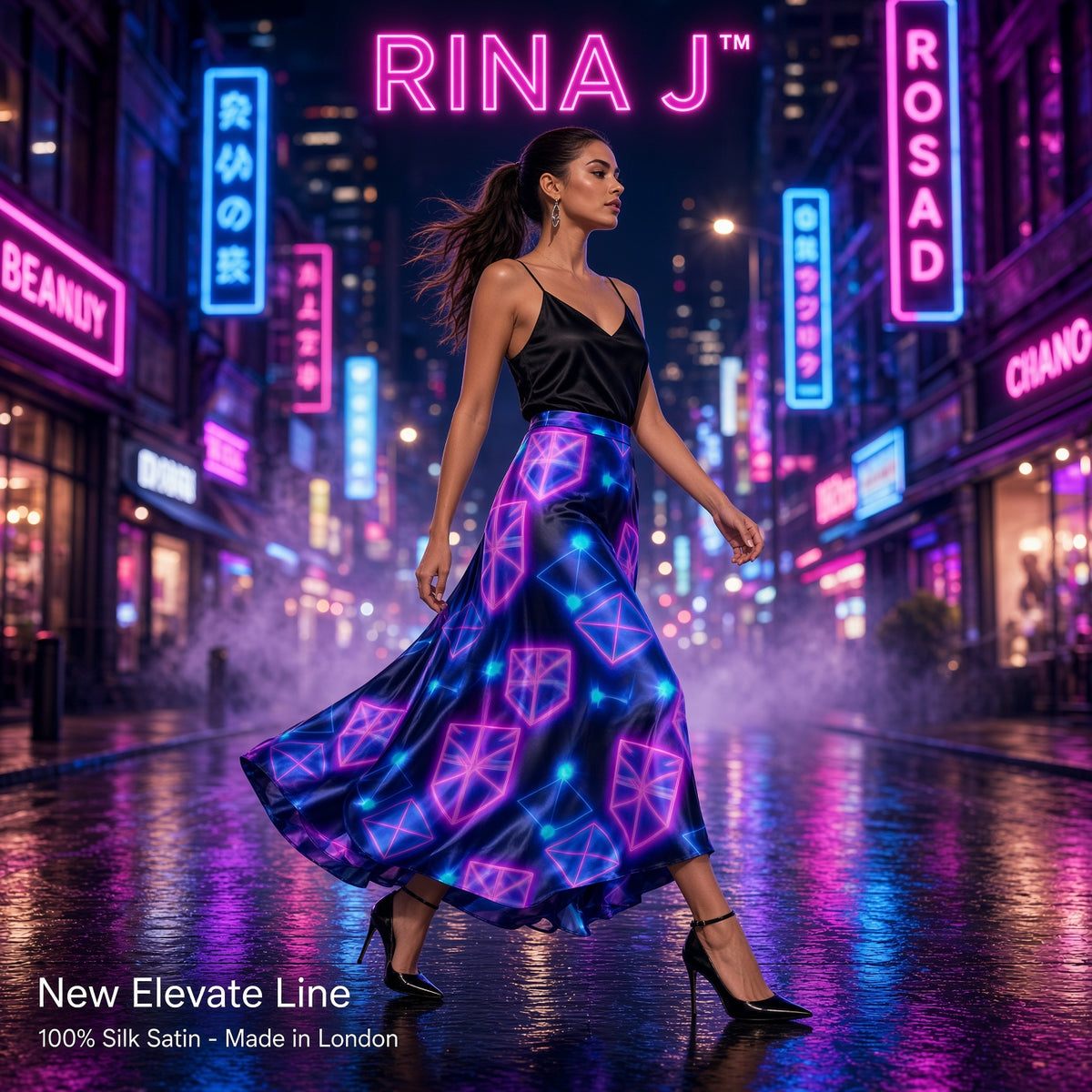 RINA J. ELEVATE NEON ENERGY | 100% Pure Silk Satin A-Line Midi Skirt