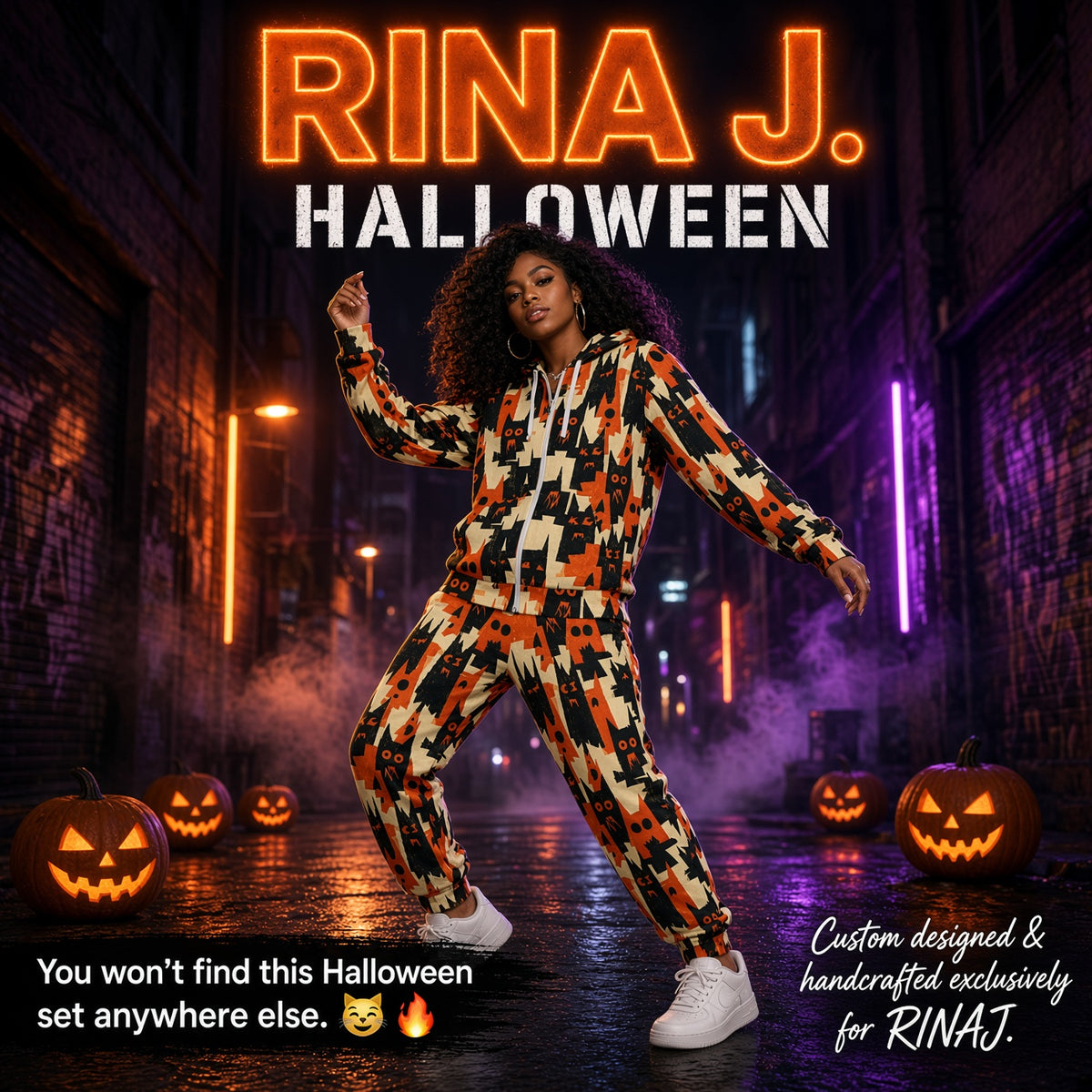 RINA J. Streetwear Original “Shadow Cat Riot” | Halloween Zip Hoodie & Jogger Set