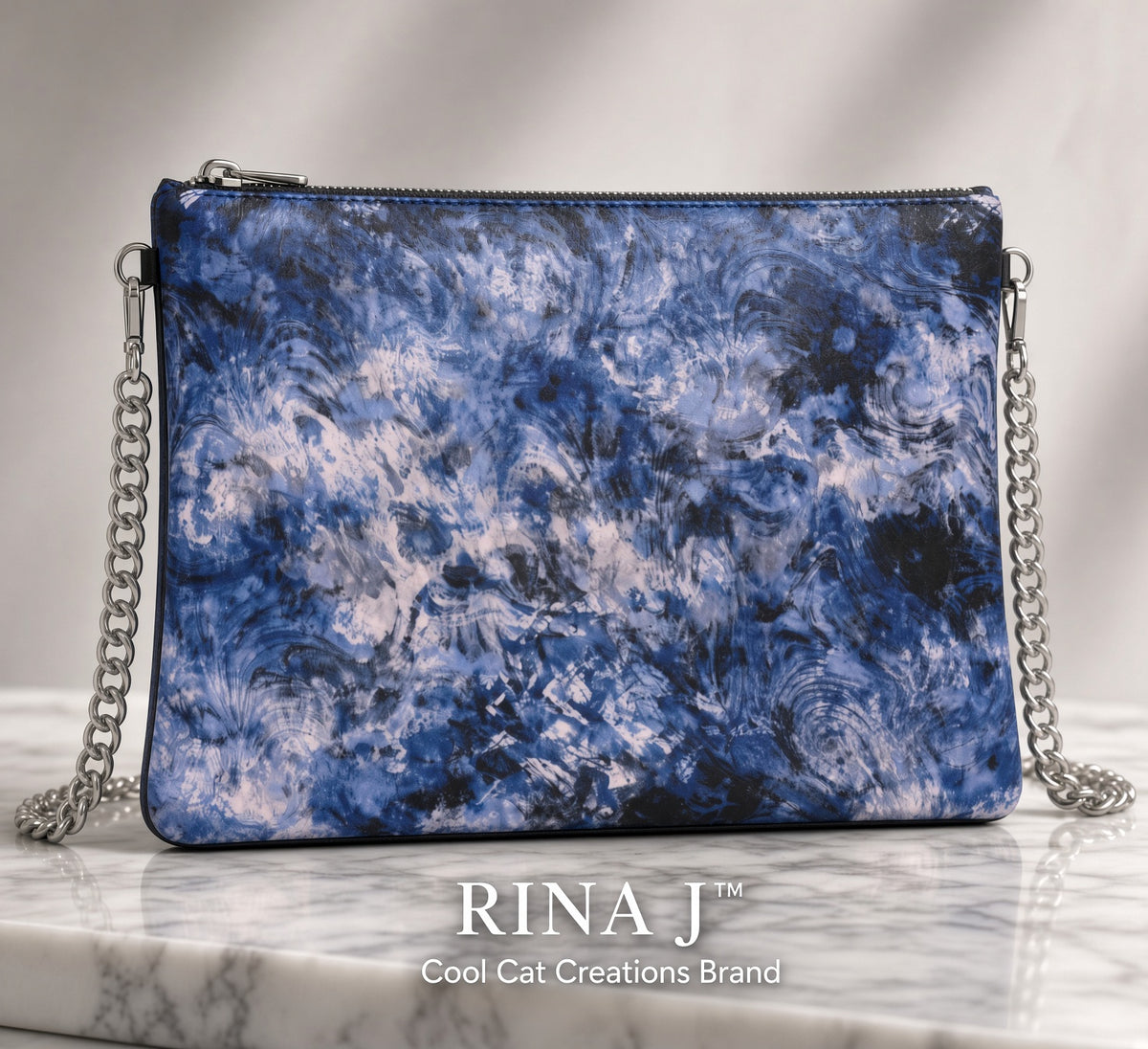 RINA J. Streetwear Elevate Blue Abstract Bubble Nappa Leather Chain Purse