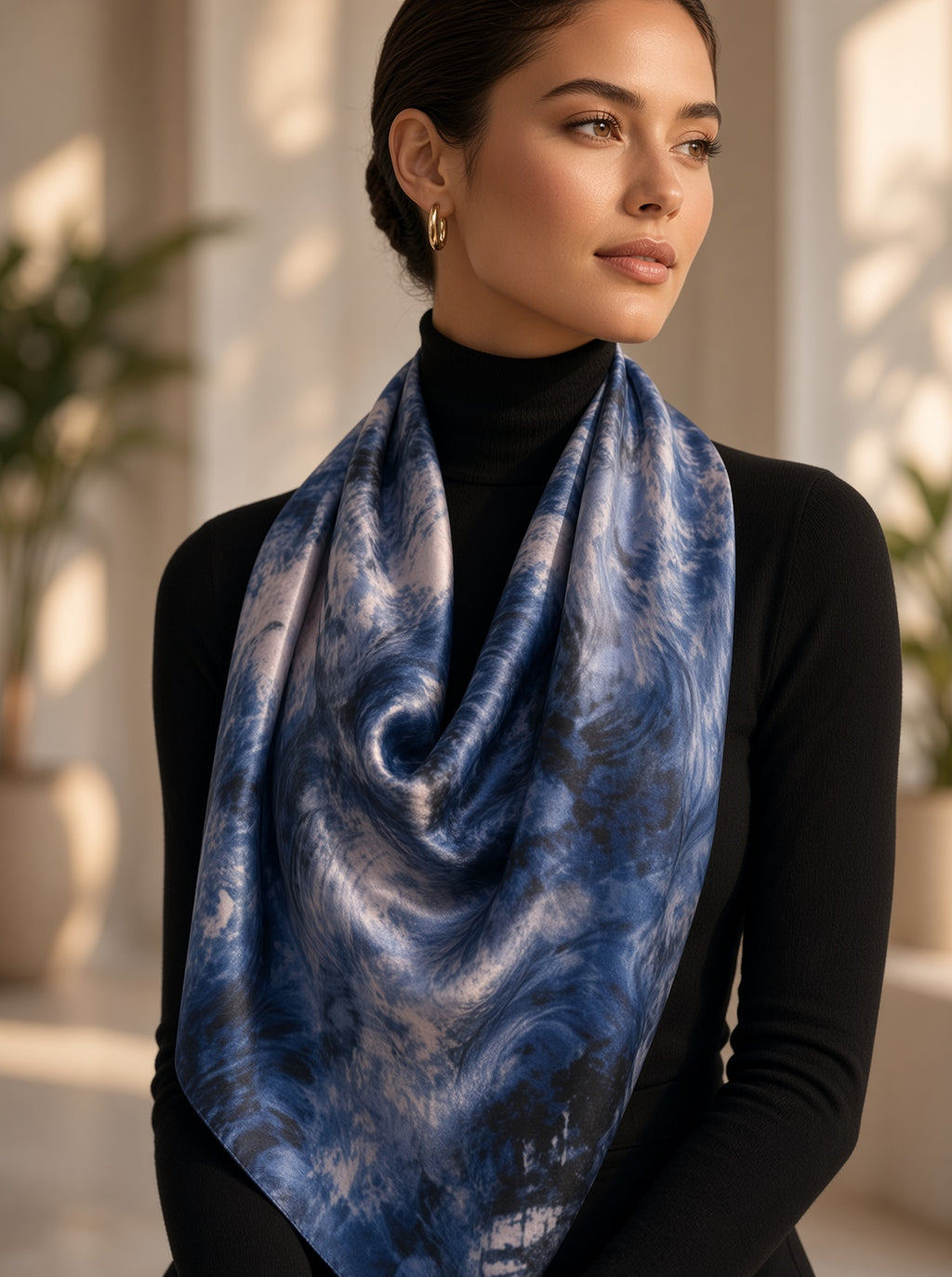 RINA J. Streetwear Elevate Blue Abstract Silk Satin Scarf