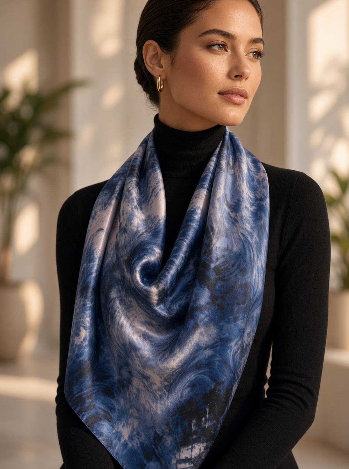 RINA J. Streetwear Elevate Blue Abstract Silk Satin Scarf