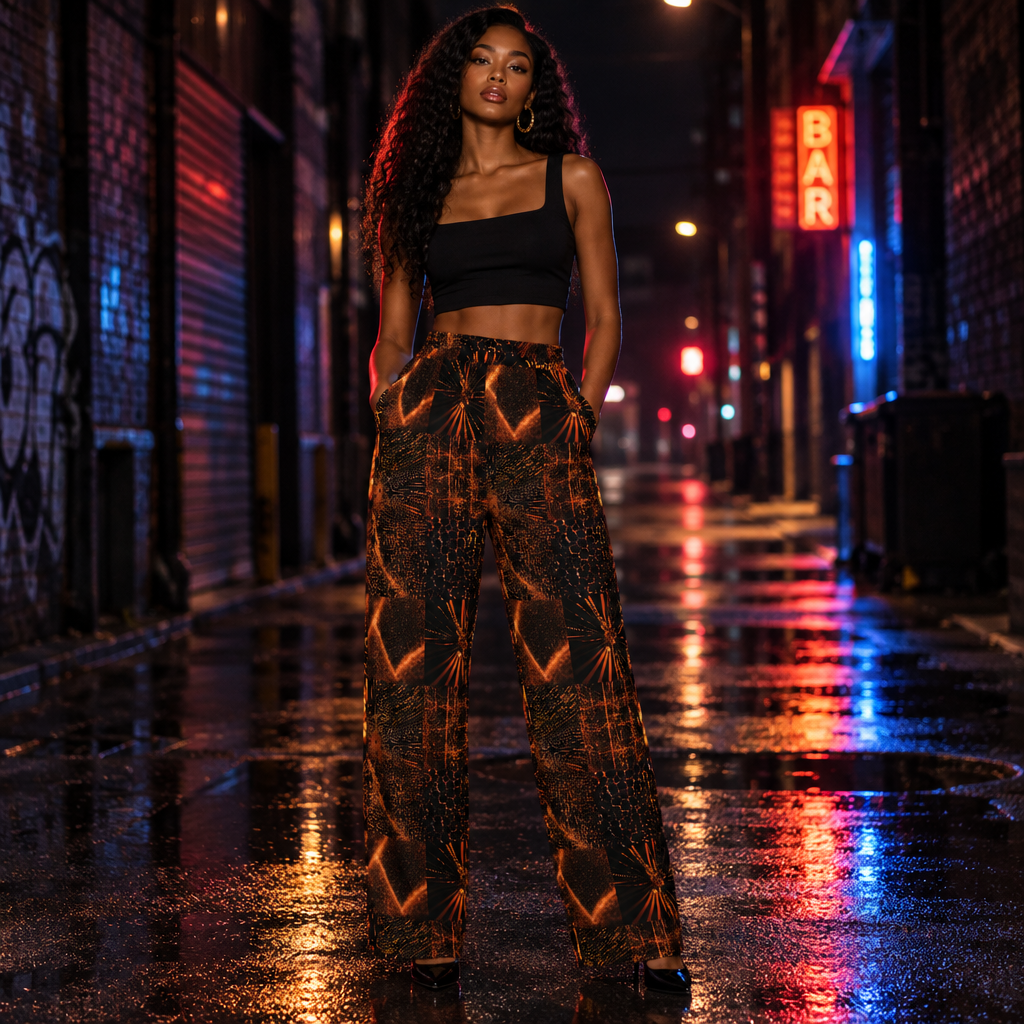 Model wearing RINA J. Block Out black and burnt-orange print straight-leg pants with a black crop top and heels at night