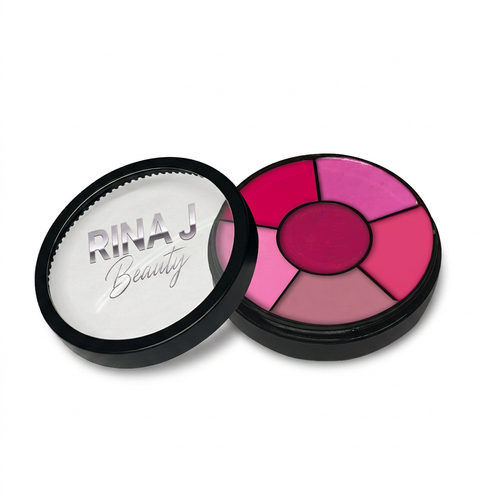 Pink Lady lipstick wheel on white with RINA J. Beauty lid logo
