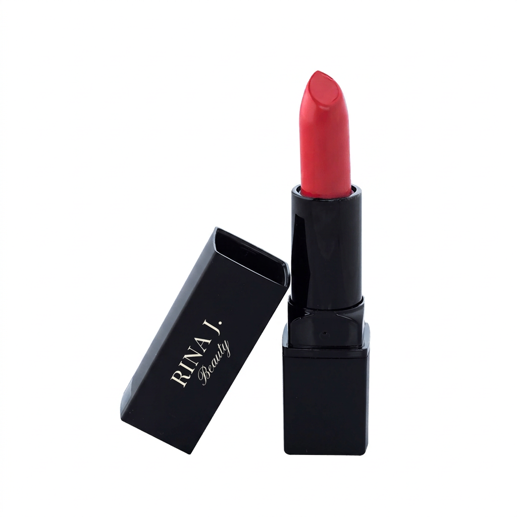 Pinky Red lipstick with RINA J. Beauty branding on the cap