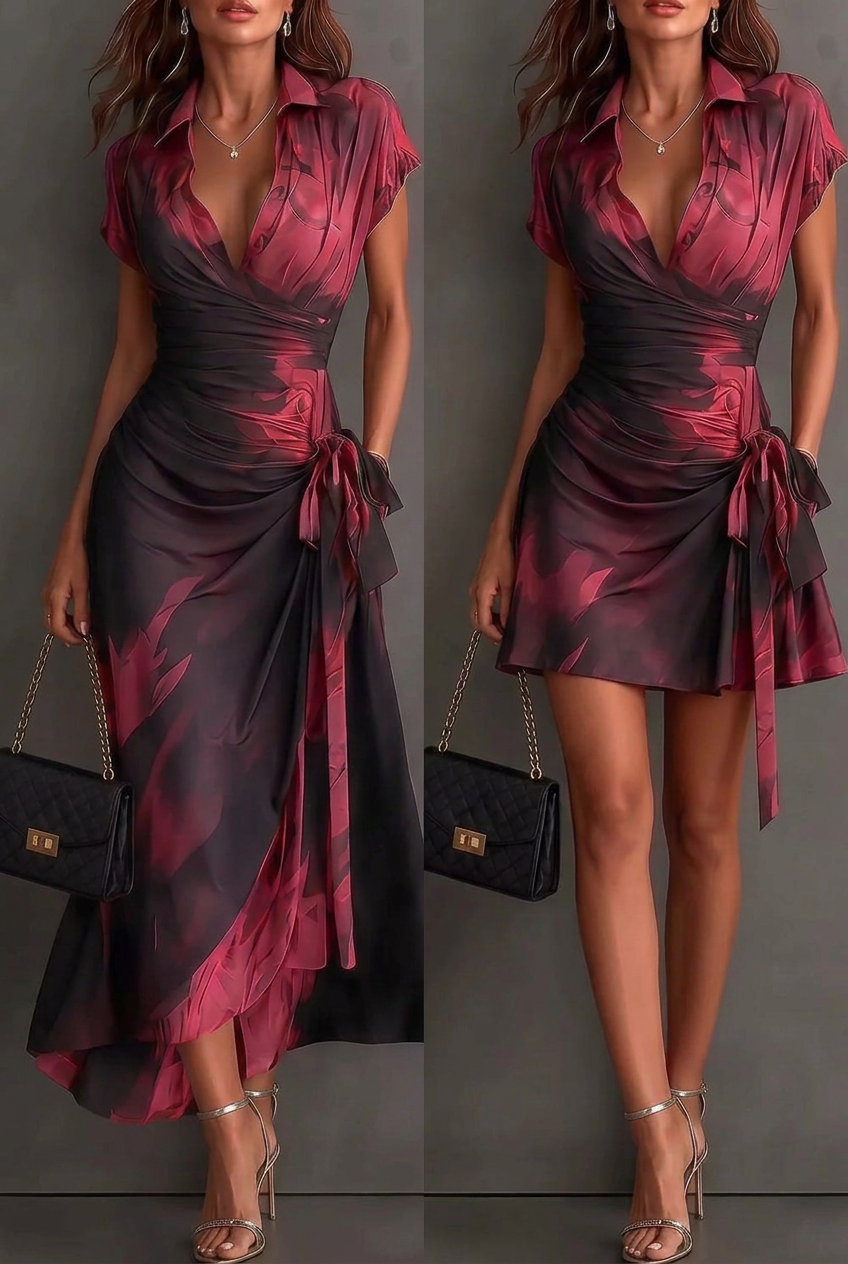 Portrait heading image with long and short burgundy dresses