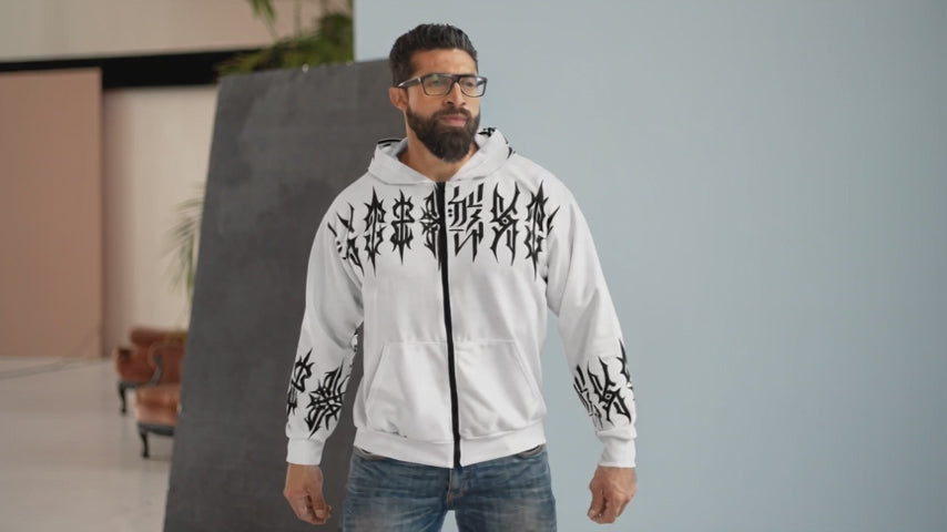 RINA J. Streetwear Original Black and White "Tribal Script" | Zip Hoodie