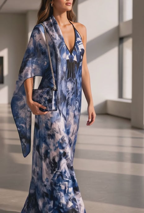 RINA J. Streetwear Elevate | Blue Abstract Silk Satin Halterneck Backless Dress Scarf Purse Sold Separately