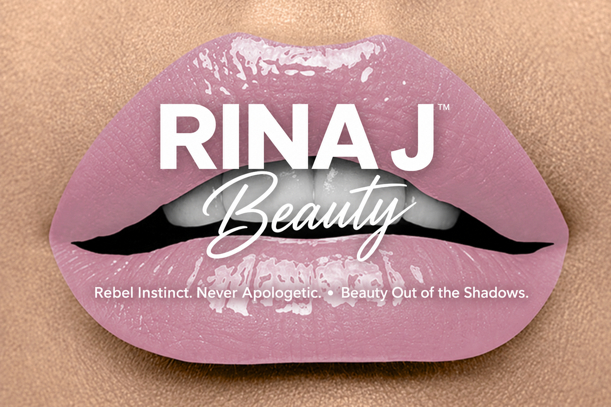 Princess lip swatch with RINA J. Beauty logo and slogan