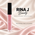 Ravishing Pink Lip Gloss with full RINA J. Beauty logo and slogan