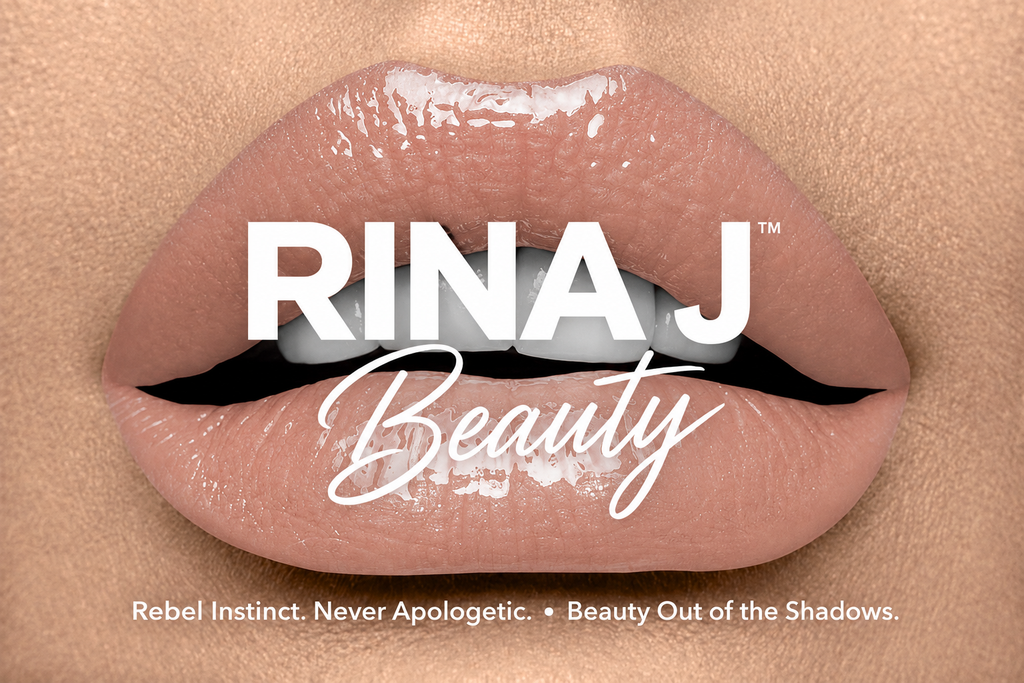 Shy lip swatch with RINA J. Beauty logo and slogan